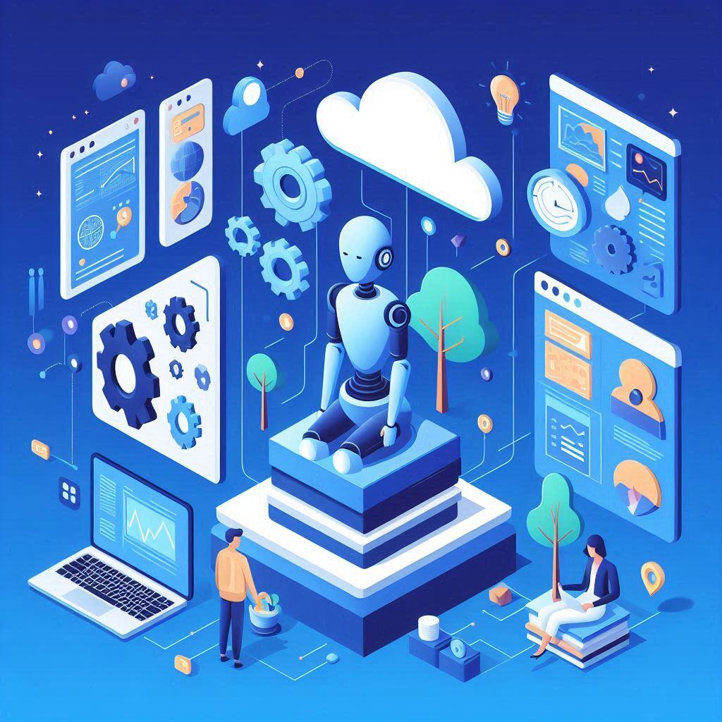 Illustration of AI agent design: a robot surrounded by digital gears, cloud integration, data analysis, and workflow automation elements, symbolizing scalable and efficient AI systems.