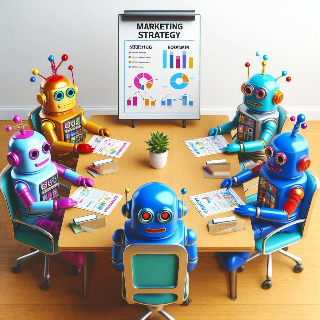 Robots in a business meeting discussing AI-driven marketing strategies with charts and data, illustrating the integration of AI tools for effective marketing campaigns.