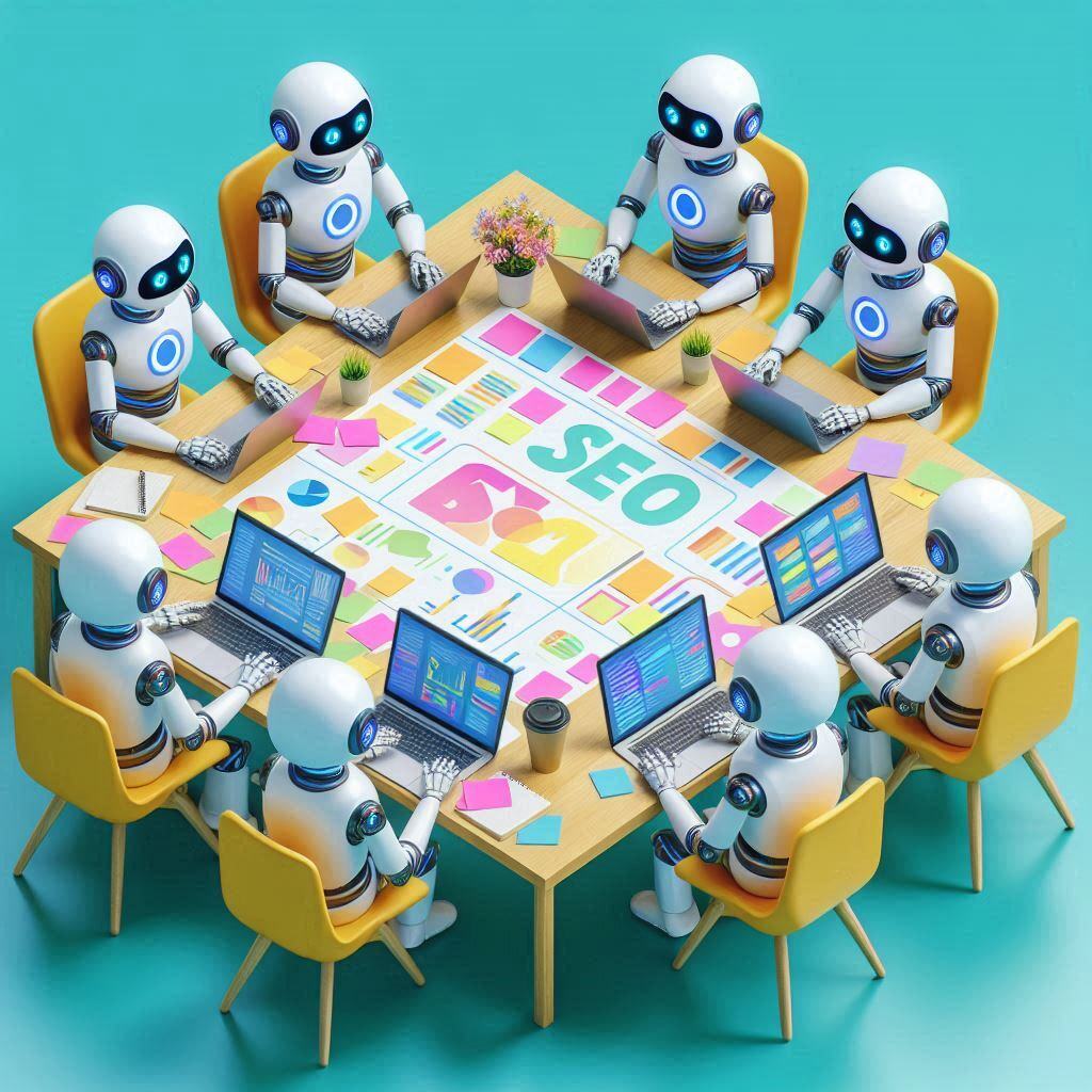 Illustration of robots working on SEO strategies around a table, symbolizing AI's role in optimizing digital marketing and search engine rankings.