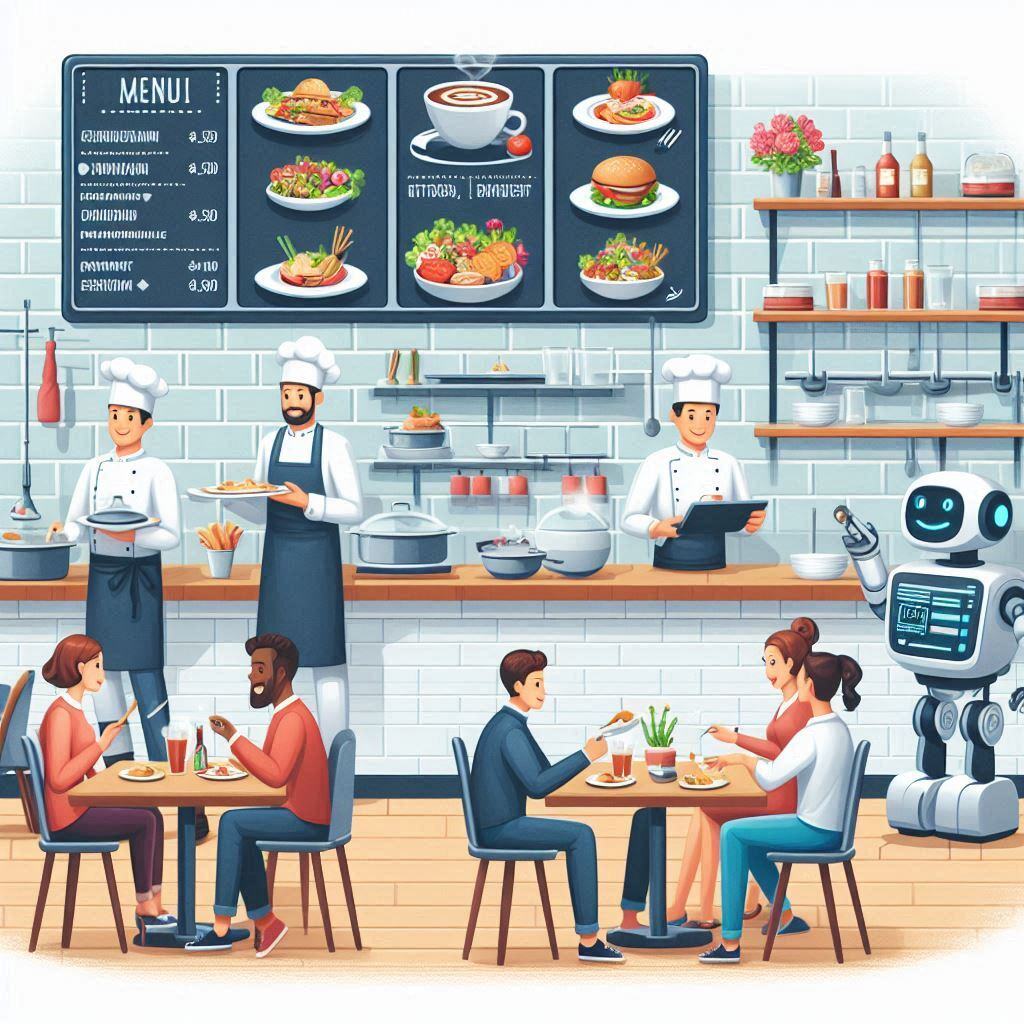 Restaurant scene with chefs, diners, and a friendly robot waiter, showcasing AI’s role in enhancing customer experience and kitchen efficiency.