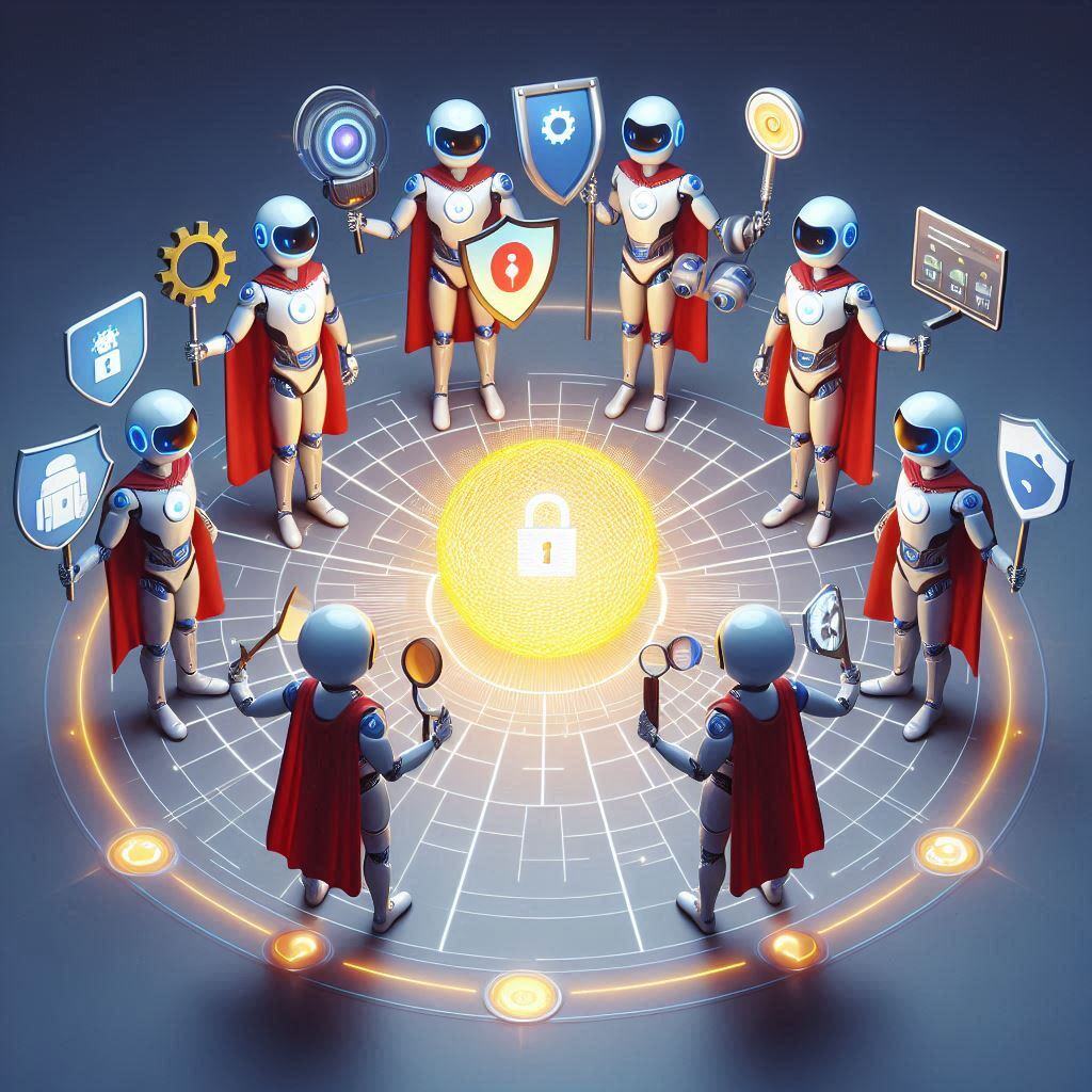 AI agents dressed as superheroes form a protective circle around a glowing lock, symbolizing collaborative efforts to secure data and systems.