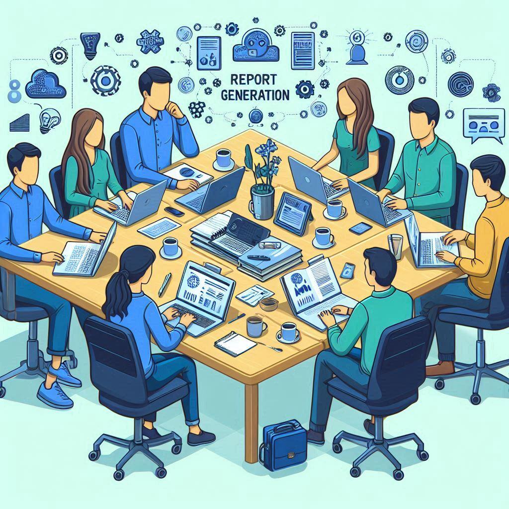 Team utilizing AI report generator best practices: A group collaborates around a table with laptops, creating data-driven reports. Illustrated icons representing data analysis, visualization, and integration highlight the AI tools used to enhance report generation efficiency.