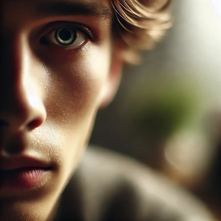 A close-up shot at eye level, focusing on a subjects face with a soft, blurred background. The face is expressive, conveying deep emotion. The backgr