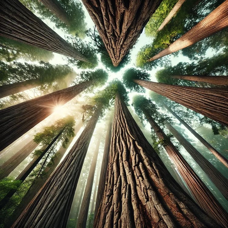 A low-angle, worm’s-eye view of towering trees, capturing their majesty and imposing presence. The perspective makes the trees appear even taller, wit