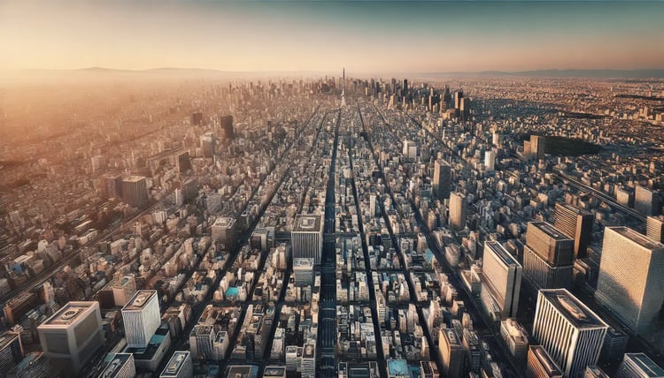 A wide-angle shot taken from a high vantage point, capturing an expansive cityscape. The entire city is visible, with the horizon perfectly centered i