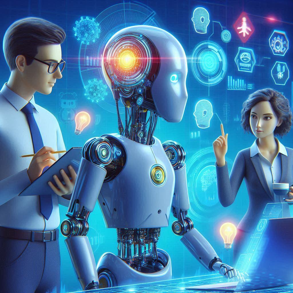 Two business professionals interact with a humanoid AI robot in a high-tech environment. Various digital icons and holograms related to AI agent frameworks and technology are displayed in the background. The man holds a clipboard and takes notes, while the woman points towards the robot, which features advanced circuitry and a glowing central eye.