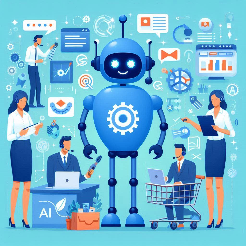 AI agent robot collaborating with business professionals to automate tasks, including customer service, marketing, and e-commerce management.