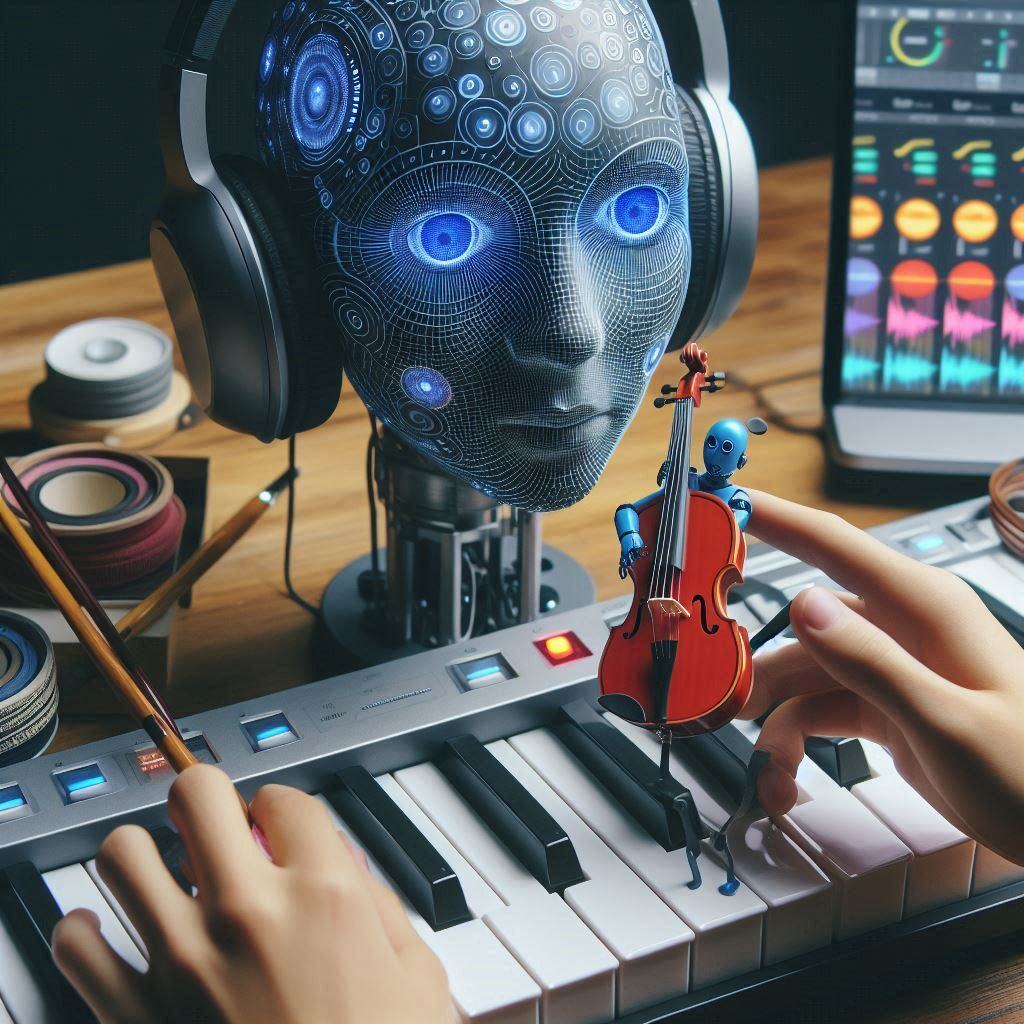 AI assistant with a futuristic robotic interface supporting music creation, interacting with musical instruments and digital production tools on a keyboard.