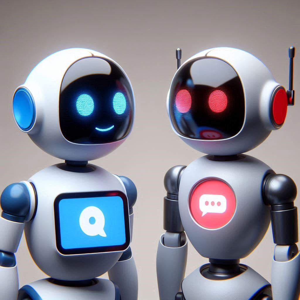 Two happy robots looking at each other. One in has a screen in middle that represents AI Agents. The other robot has red eyes and red middle screen that has three dots that represents AI Chatbot.