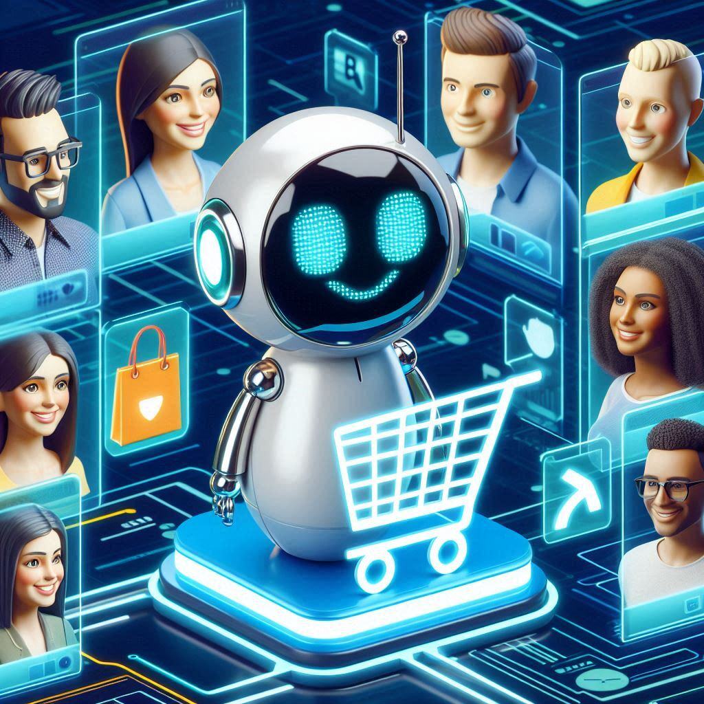 Illustration of an AI chatbot interacting with eCommerce customers, providing personalized shopping experiences and customer support in a digital environment.