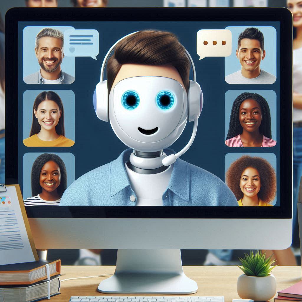 AI chatbot providing customer support through a computer screen, interacting with diverse users via video call, symbolizing AI-driven customer service optimization.