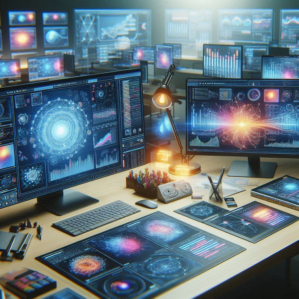 Futuristic workspace with multiple screens displaying AI data labeling processes, including datasets, neural networks, and data charts, emphasizing the role of technology in accurate AI model development.