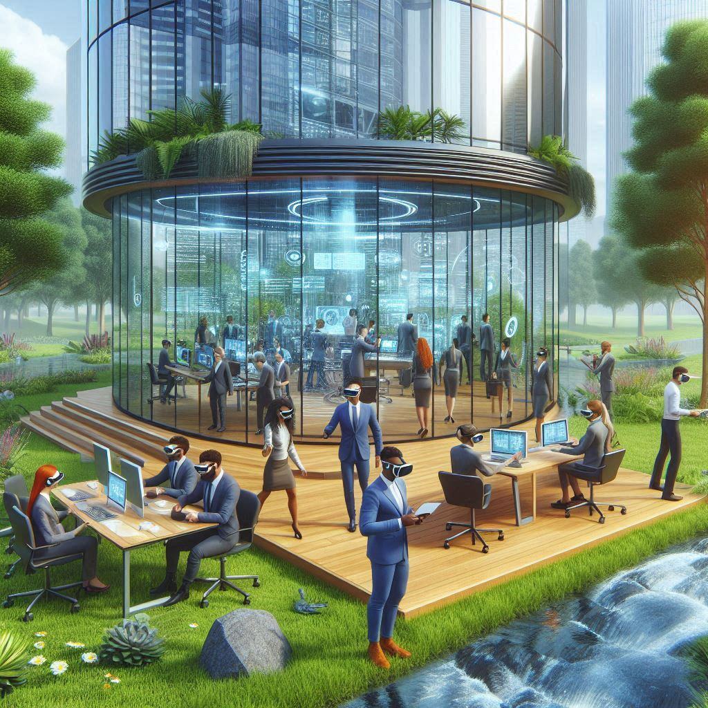 Modern enterprise setting with professionals collaborating on AI deployment strategies, using advanced technology in a futuristic glass office surrounded by nature.