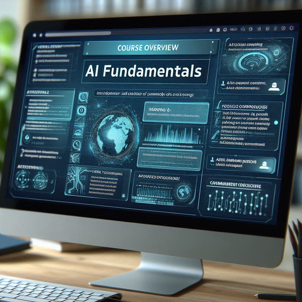 Computer screen displaying AI Fundamentals course overview with graphics on AI types, generative AI, and real-world applications.