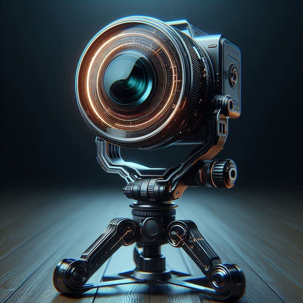 AI image generator camera position prompts: futuristic digital camera on a tripod with a glowing lens, positioned in a dark studio on a wooden floor.