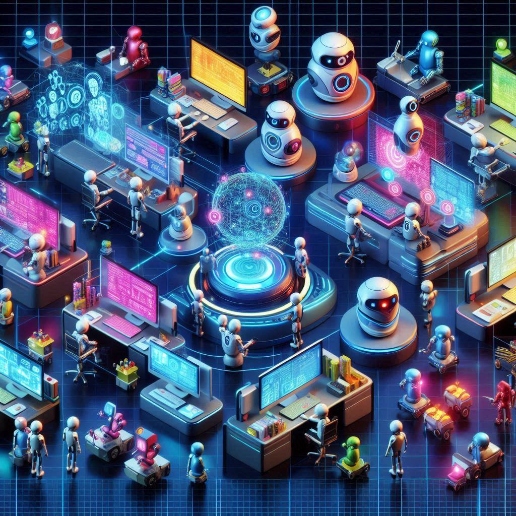 Futuristic illustration of AI multi-agents in an office environment with robots, holographic displays, and various technology interactions, showcasing AI accessibility for everyone.