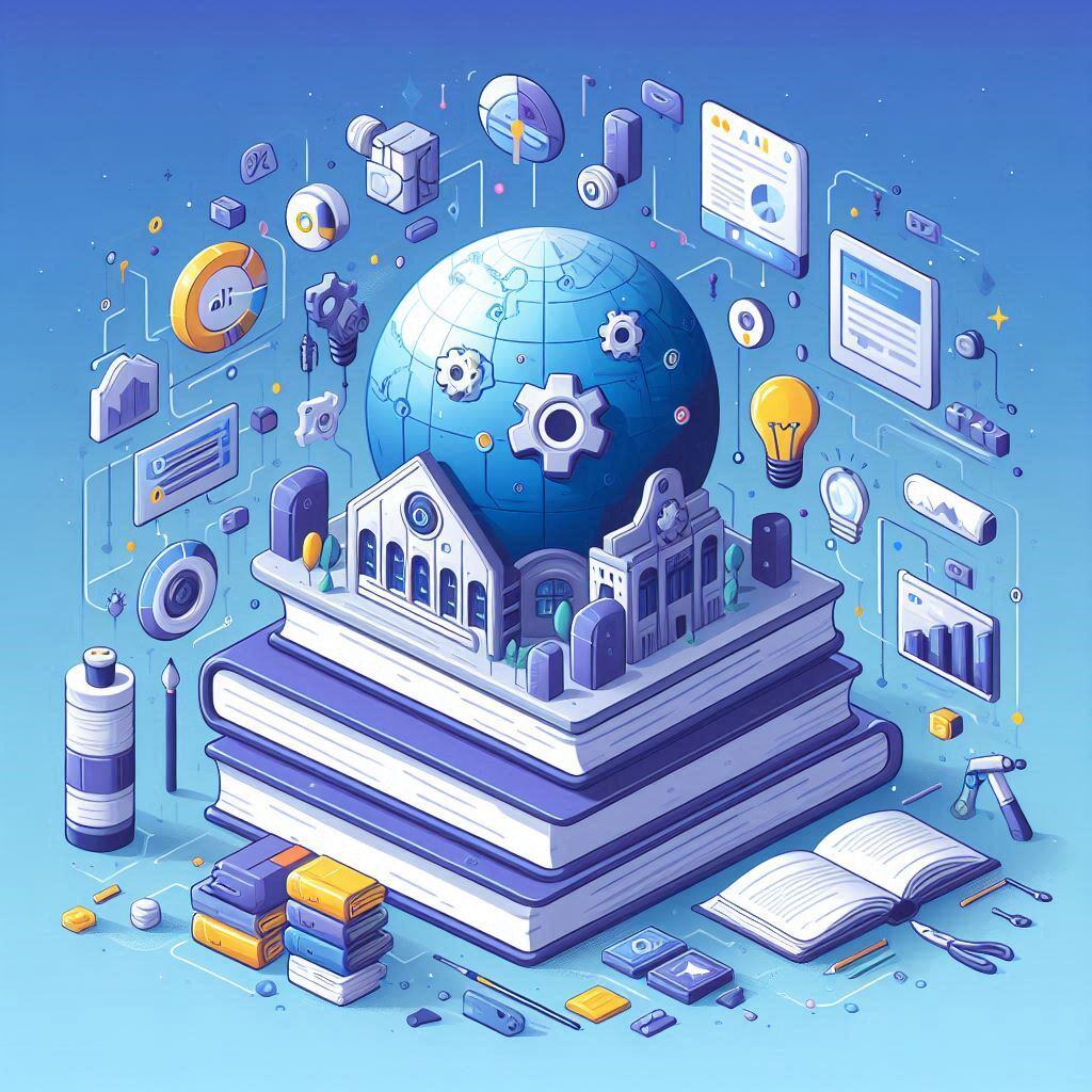 Illustration representing different AI types with a globe, books, and technology icons, symbolizing AI learning: Reactive, Limited Memory, Theory of Mind, Self-Aware AI, and Multi-Agent Systems.