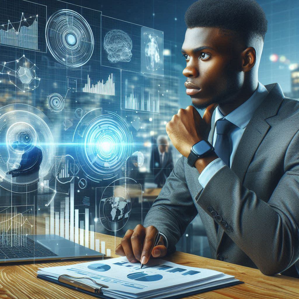 Business professional analyzing data with AI tools in predictive analytics, enhancing business decision-making. The image depicts a serious-looking man in a suit, surrounded by futuristic digital interfaces displaying charts, graphs, and AI-related icons, symbolizing the integration of AI in business analytics for improved forecasting and decision-making.