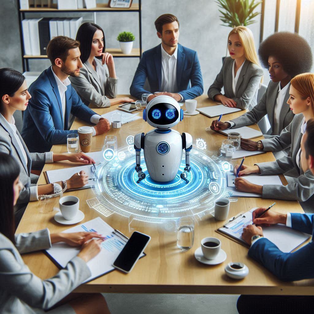 Business team in a modern office setting discussing strategies around a table, with a central focus on a small, advanced AI robot surrounded by a holographic interface displaying data and analytics. The image emphasizes collaboration between humans and AI technology in a professional environment, illustrating the integration of AI-assisted tools in corporate decision-making processes for enhanced efficiency and productivity.