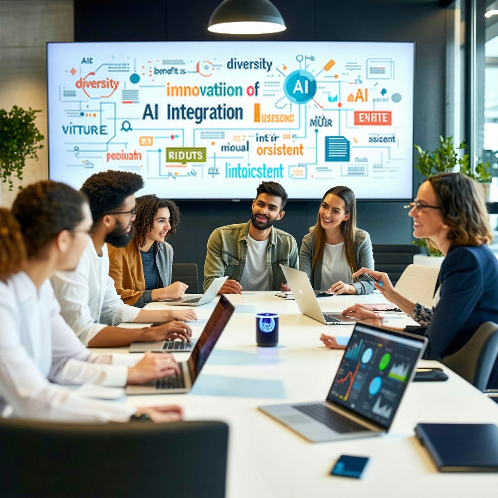 Team collaborating in a modern office meeting discussing AI integration strategies