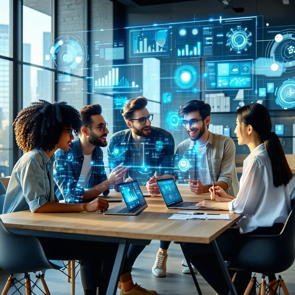 Team collaborating in a modern office with AI-powered digital interfaces and data analytics displayed in a futuristic workspace.