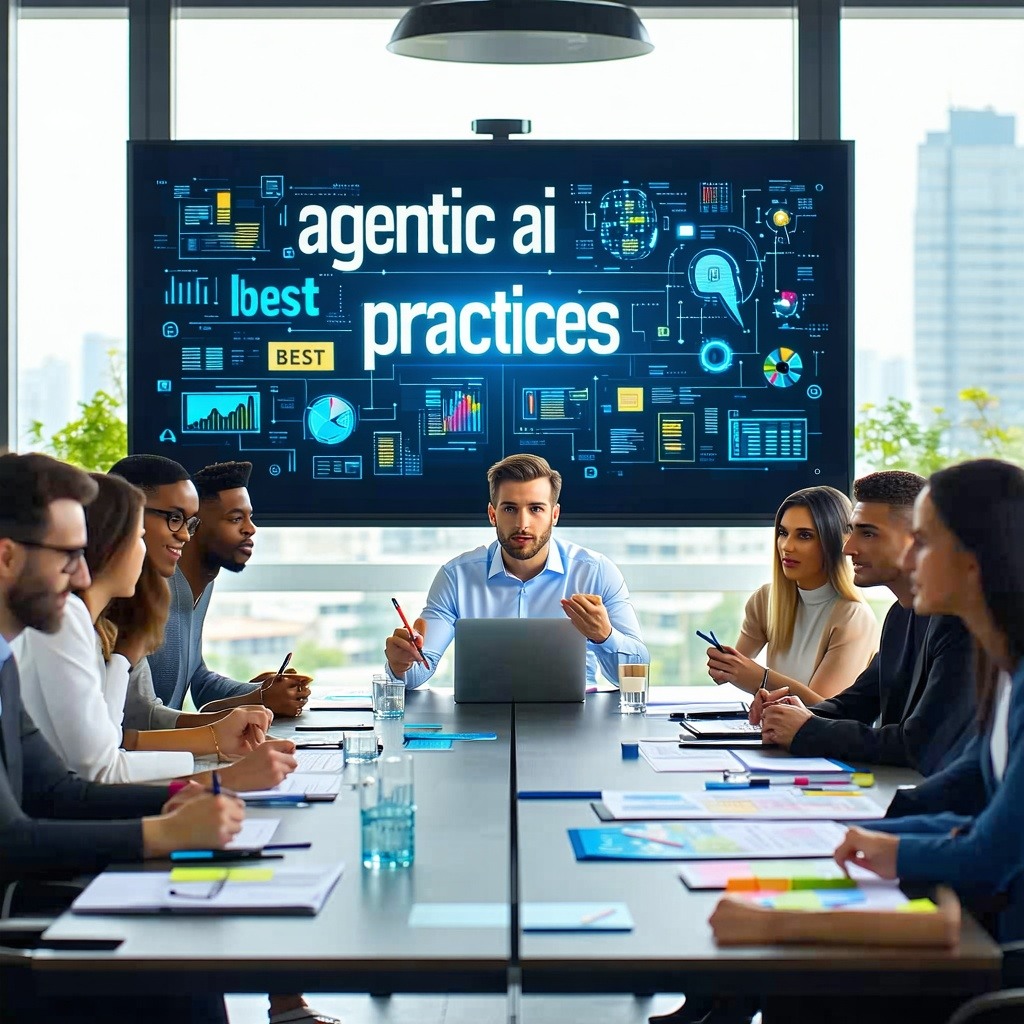 Business team in a modern conference room discussing agentic AI best practices, with a presentation screen displaying related keywords.