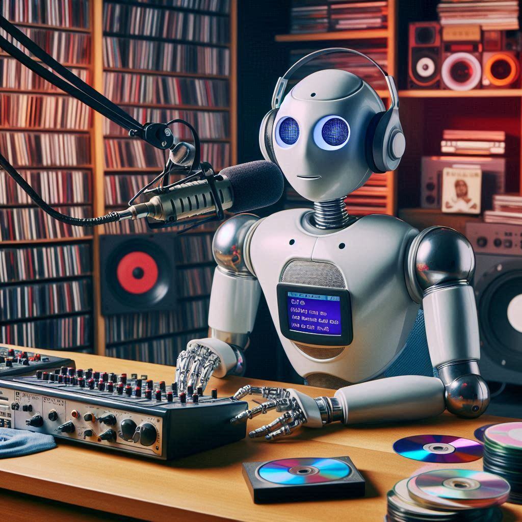 A humanoid robot wearing headphones hosts a podcast in a recording studio. The setup includes a professional microphone, audio mixer, and CDs, illustrating AI's role in podcast creation. The background features shelves filled with records, showcasing a modern, tech-driven approach to media production.