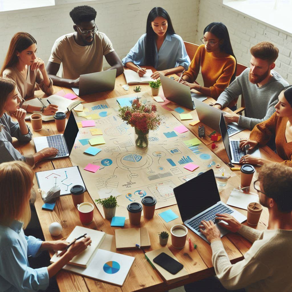 Team of professionals working on laptops, surrounded by charts, graphs, and sticky notes, collaborating on AI marketing strategy best practices. The group is focused on data-driven planning and creative brainstorming, with coffee cups and notebooks on the table.