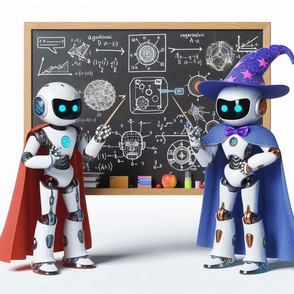 Two robots dressed as a wizard and superhero stand in front of a chalkboard illustrating complex equations, representing the contrast between Agentic AI and Generative AI.