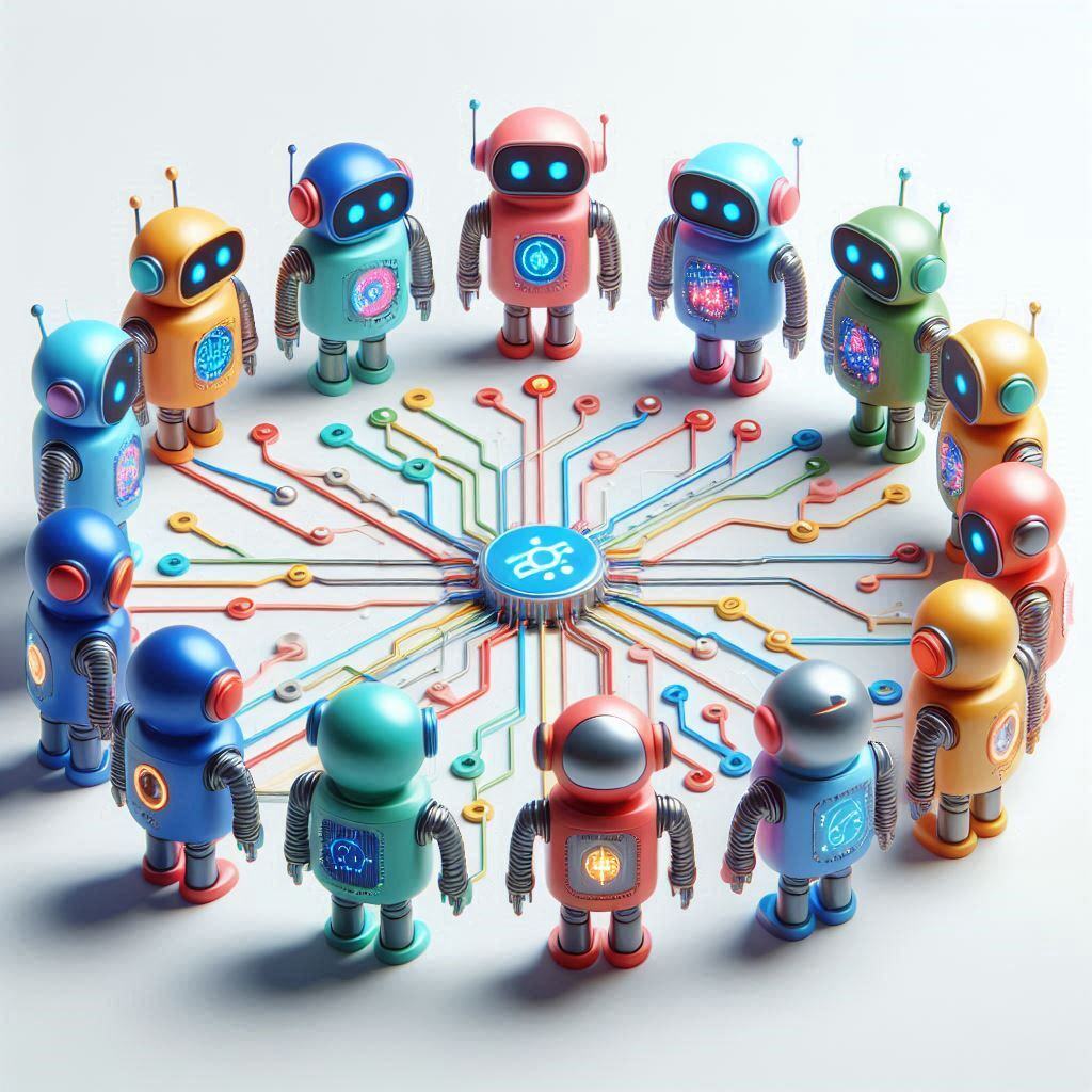 Illustration depicting the anatomy of an AI multi-agent system with colorful robots connected to a central hub, showcasing communication and data exchange.