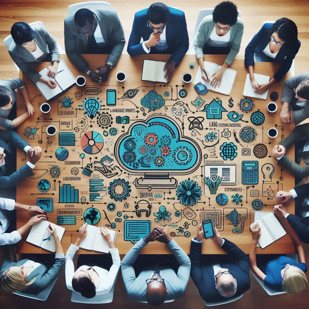 Diverse professionals collaborating around a table with digital illustrations representing various applications of Large Language Models (LLMs) in industries such as customer service, healthcare, education, and finance.