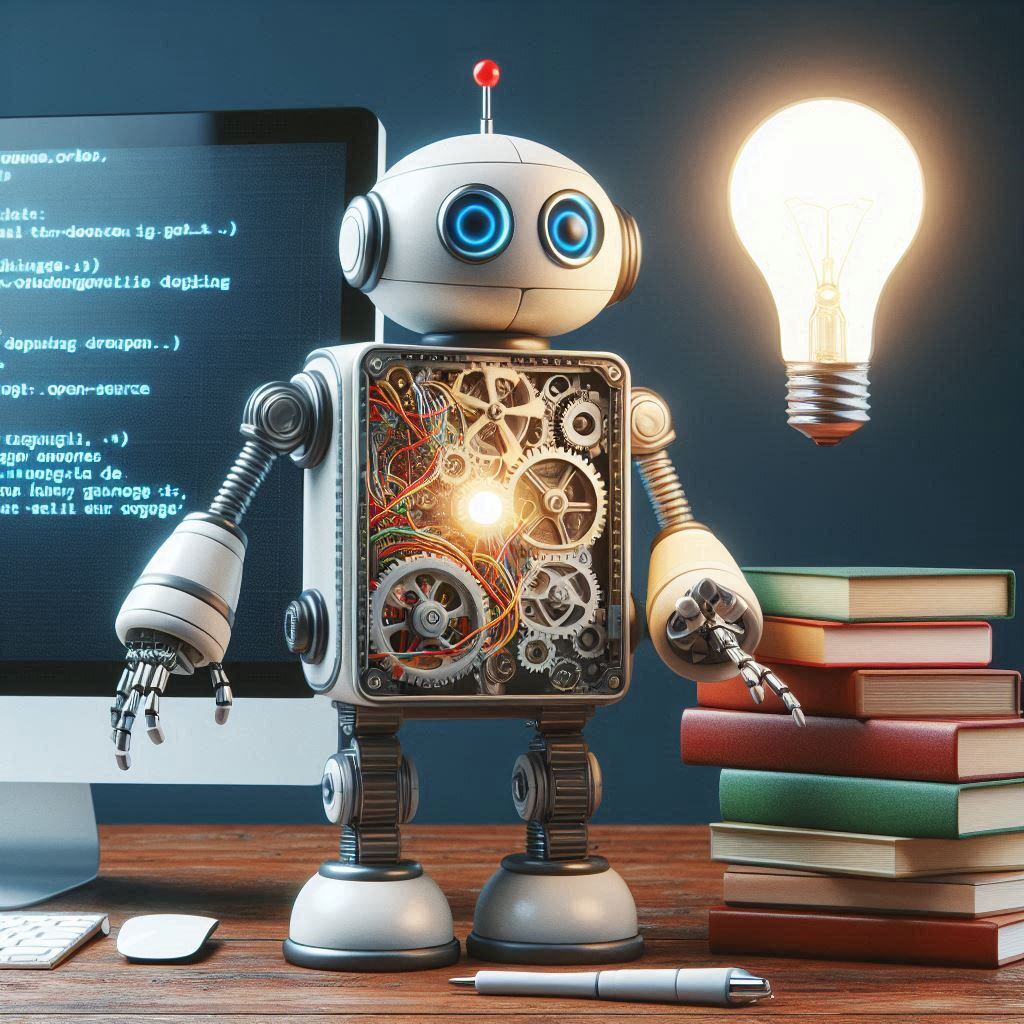 Robot with exposed gears and wires, symbolizing the complexity of open-source LLMs, stands next to a glowing light bulb and computer monitor displaying code.