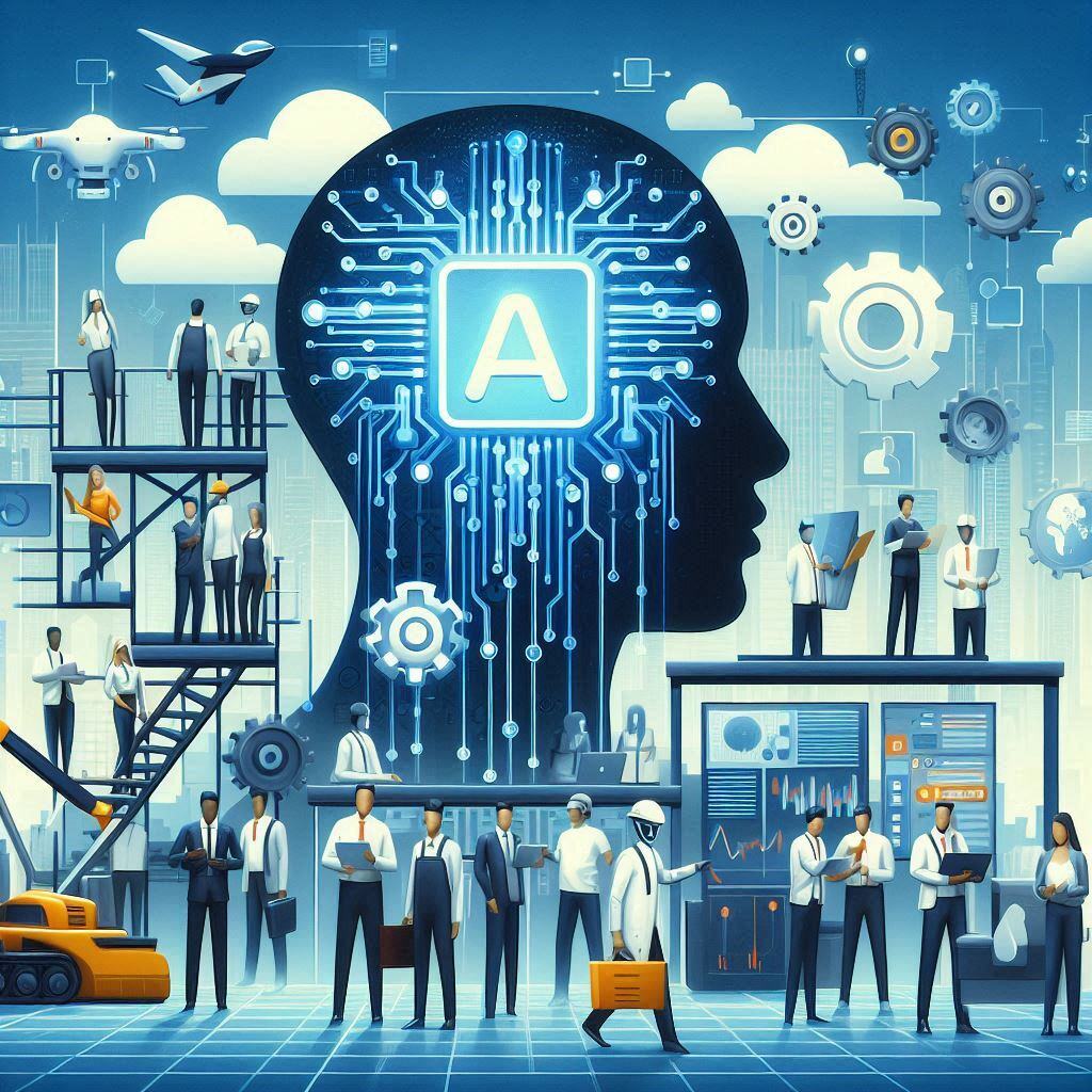 An illustration of AI workforce integration, showing diverse professionals collaborating with advanced AI systems, robotics, and cloud technology. It represents the seamless integration of AI in various business processes, enhancing efficiency and innovation through a coordinated multi-agent system. The image emphasizes teamwork, technological advancement, and the future of AI-driven business operations.