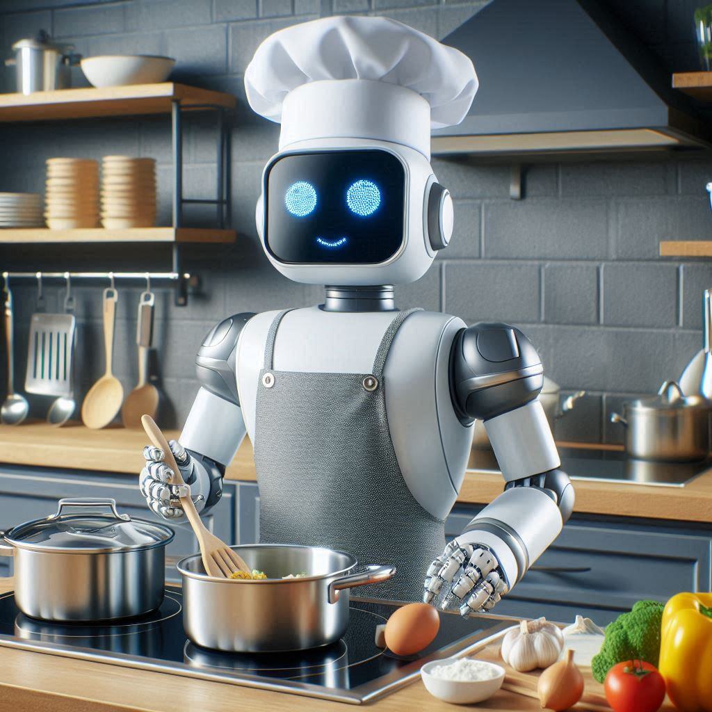 AI-powered robot chef preparing food in a modern kitchen, surrounded by fresh vegetables and cooking utensils.