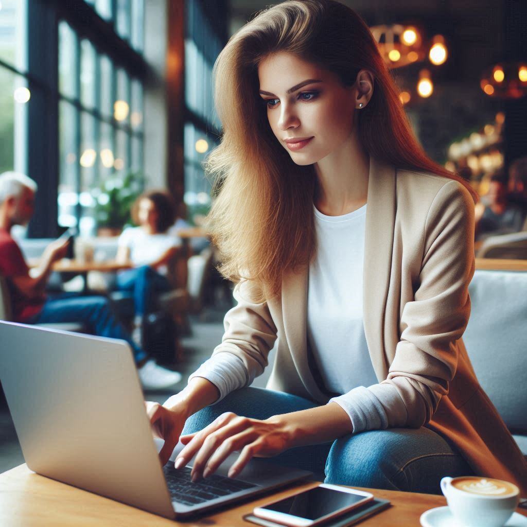 Professional woman working on a laptop in a cozy cafe, representing entrepreneurs exploring ways to use AI for making money.