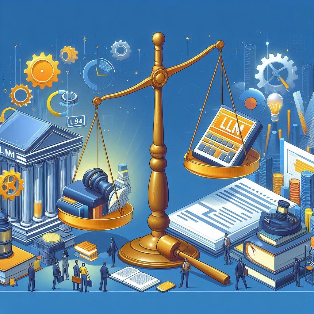 Illustration of a balanced scale comparing different aspects of large language models (LLMs), with gears, graphs, books, and a gavel symbolizing the evaluation and decision-making process for selecting the right model.