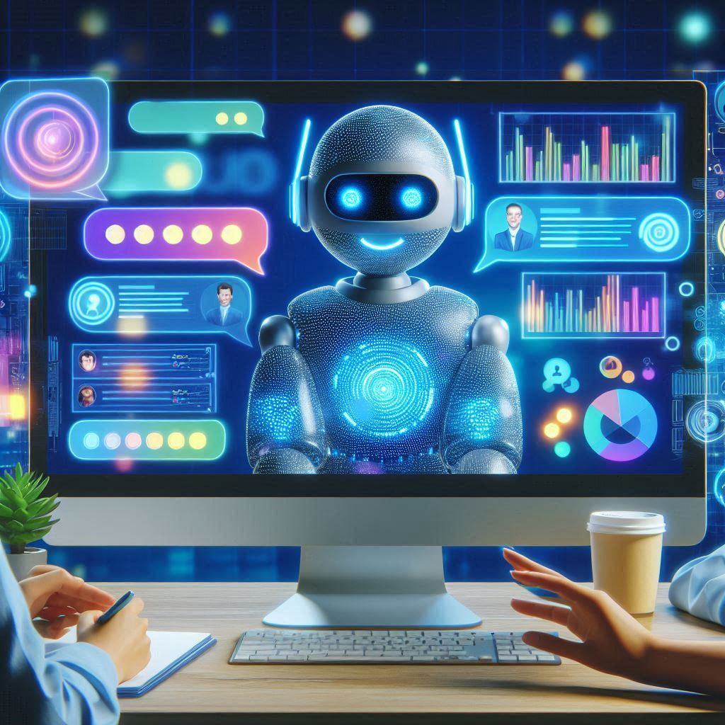 AI-powered robot on a computer screen analyzing conversational data with charts, graphs, and chat interfaces, representing conversational analytics.