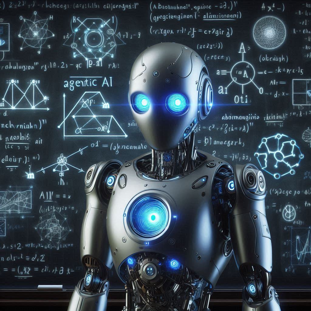 Futuristic robot in front of a chalkboard filled with complex formulas and diagrams illustrating the core concepts of Agentic AI.