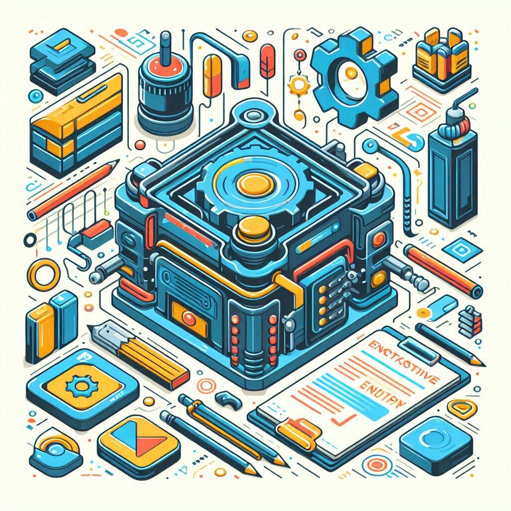 Illustration of prompt engineering tools, featuring mechanical gears, control dials, and interface elements, symbolizing AI input optimization and crafting effective prompts.