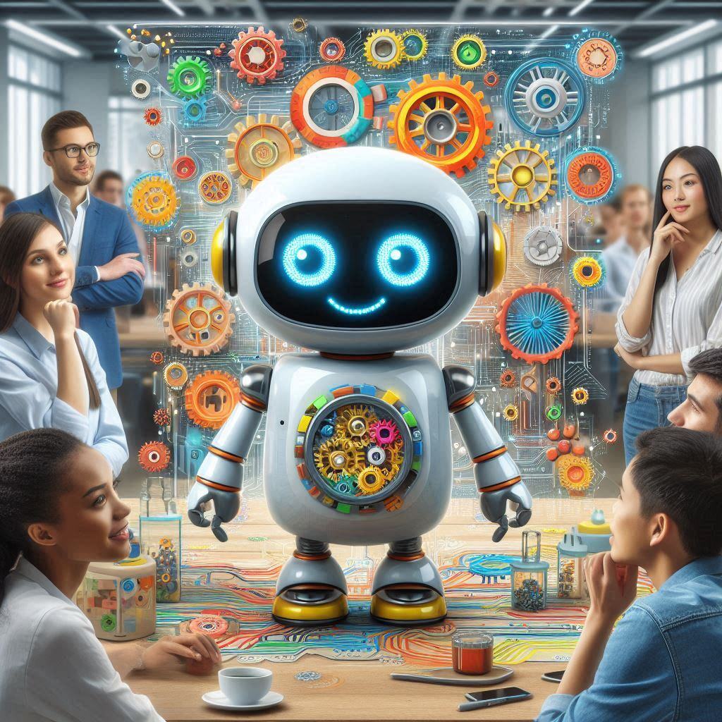 Smiling AI agent robot with exposed gears surrounded by business professionals, illustrating how AI agents work through automation and logic.