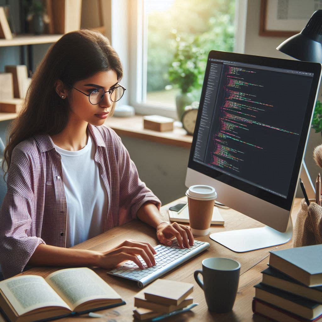 Young woman coding on a desktop computer in a modern home office, with a cup of coffee and open books on the desk. She is focused on her work, surrounded by office supplies and natural light.