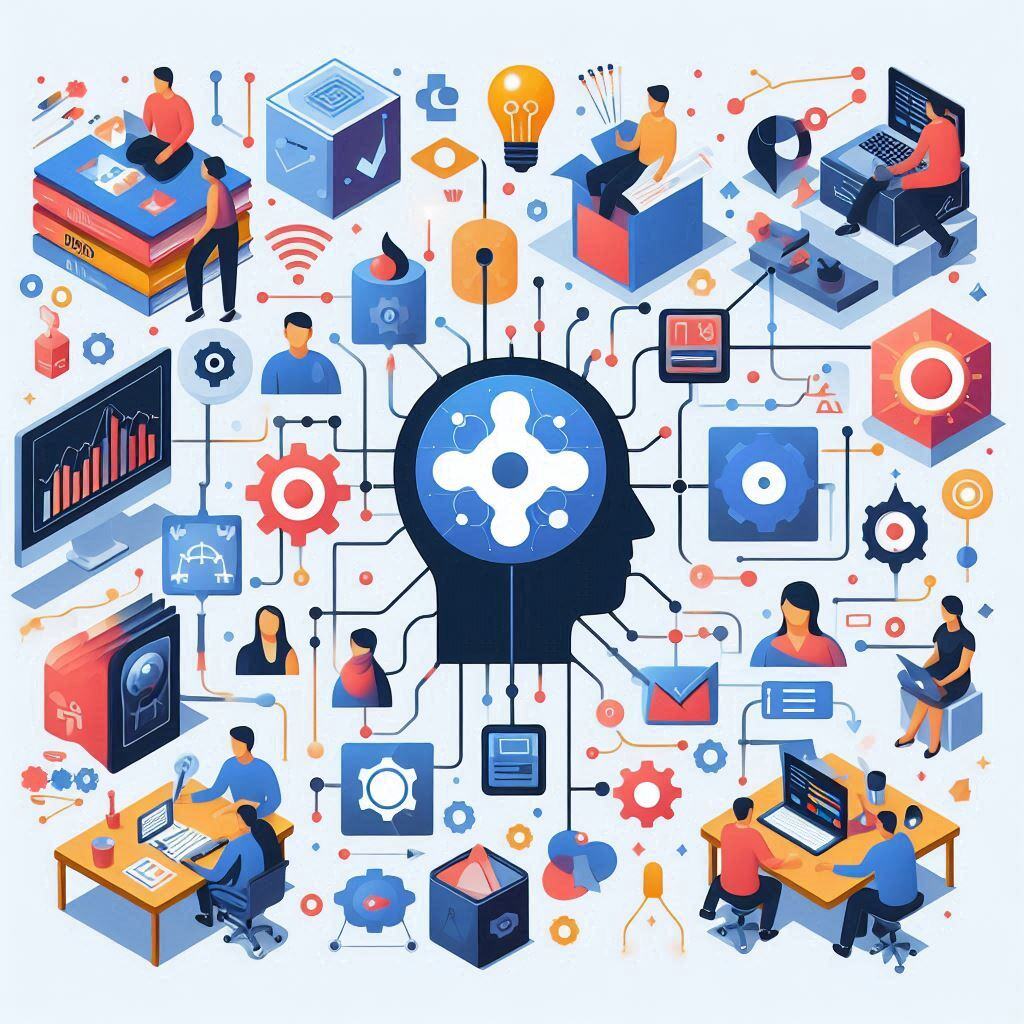 Illustration of agentic workflows in AI: diverse AI agents collaborating, researching, coding, analyzing data, and integrating tools. Depicts interconnected AI components, human-AI interaction, and iterative processes leading to optimized results.