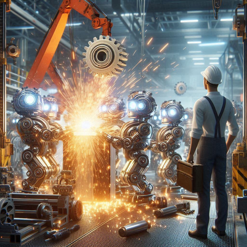 Advanced AI robots and robotic arms working in a futuristic manufacturing factory, supervised by an engineer. Illustration of prompt engineering strategies in AI-driven automation.