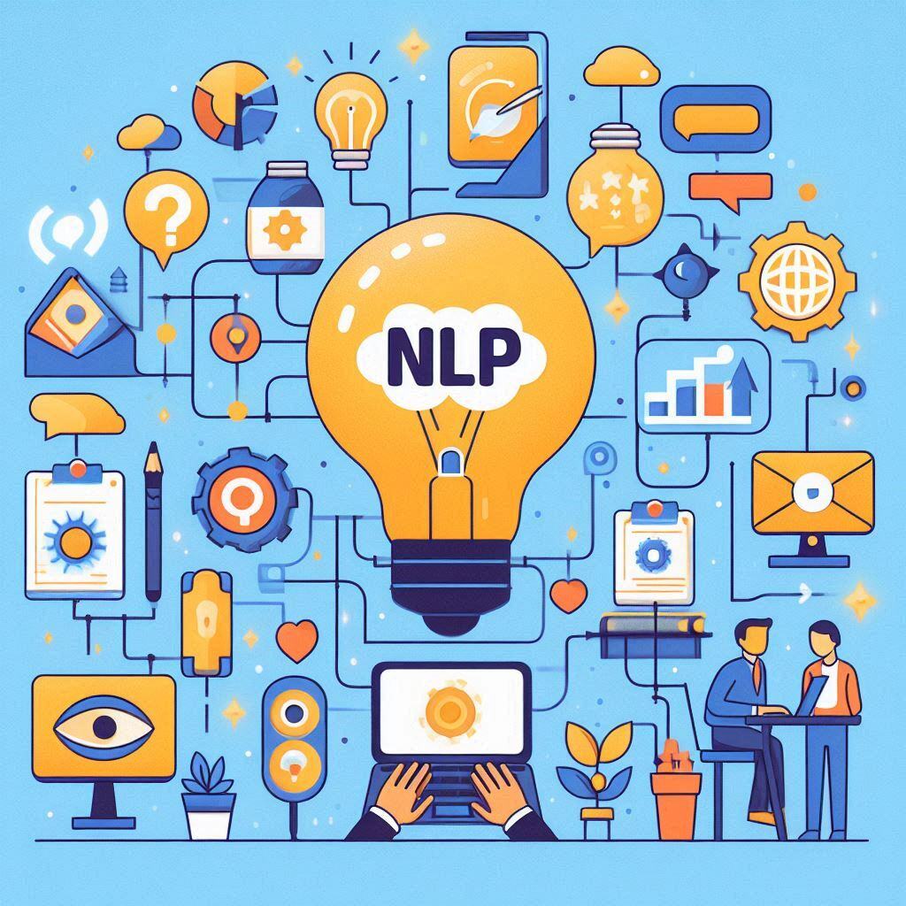 Natural Language Processing (NLP) concept illustrated as a light bulb connected to various ideas and tools, with people collaborating on a laptop.