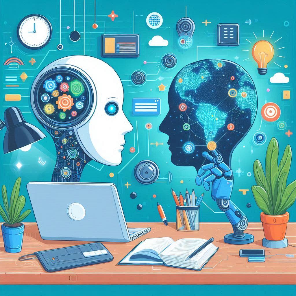 Illustration of a humanoid AI face interacting with a digital human head made of global data, symbolizing Agentic AI and intelligent automation.