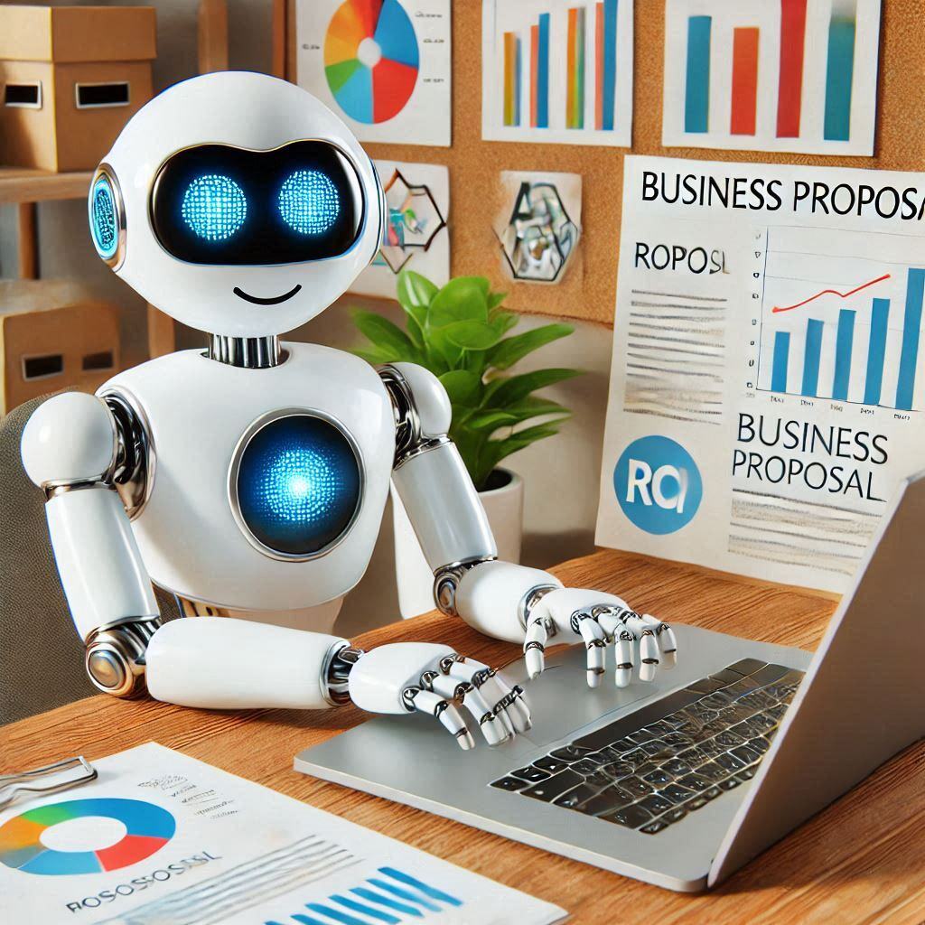 Friendly AI robot creating a business proposal on a laptop, surrounded by charts, graphs, and business documents, symbolizing automated document creation and proposal management.