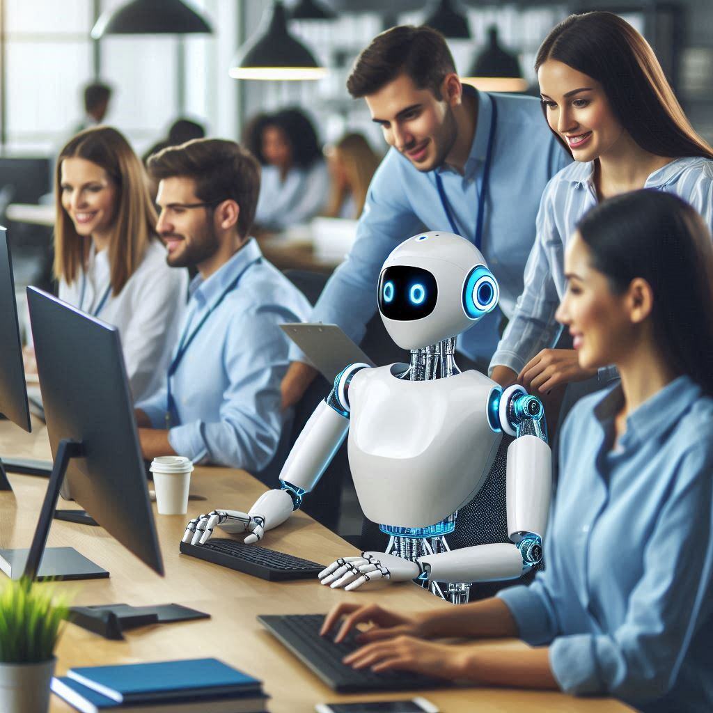 AI agent collaborating with business professionals in a modern office, illustrating workflow automation and human-AI teamwork.
