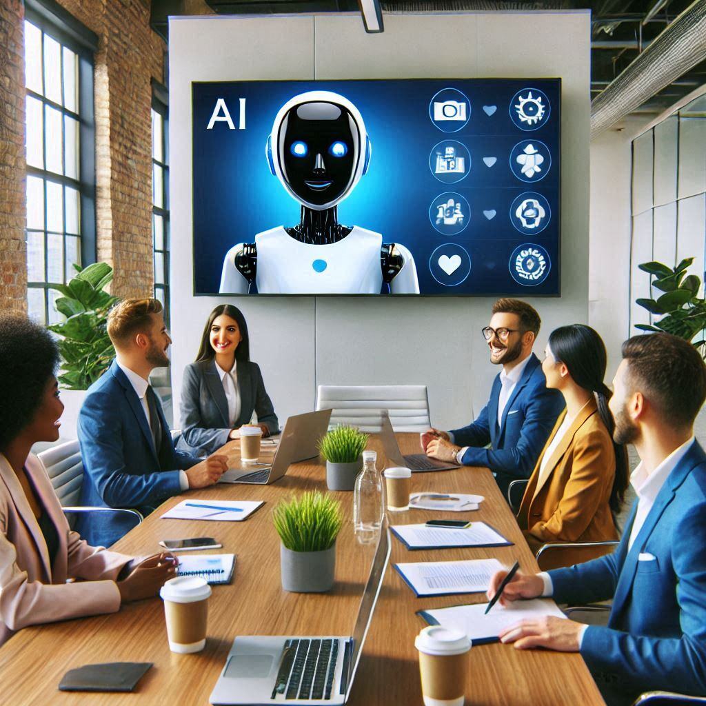 Business team in a modern meeting room discussing AI solutions, with a robot assistant displayed on a large screen highlighting AI features.