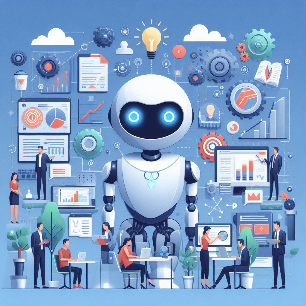 Illustration of a multi-agent AI system with a central robot coordinating various tasks and startup team members collaborating on business growth.