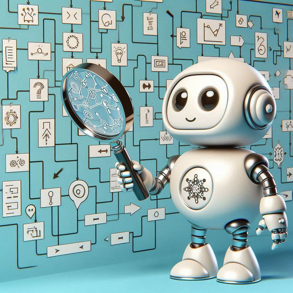 Robot analyzing a detailed workflow chart with a magnifying glass, representing rule-based AI decision-making processes. Ideal for articles on AI, automation, and data-driven strategies.